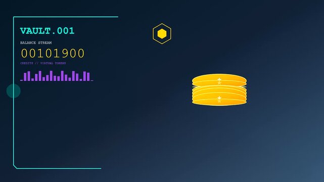 A glowing virtual gifting interface displays changing token counts and rising coin stacks in this digital aesthetic animation showcasing rapid balance increases over dark space
