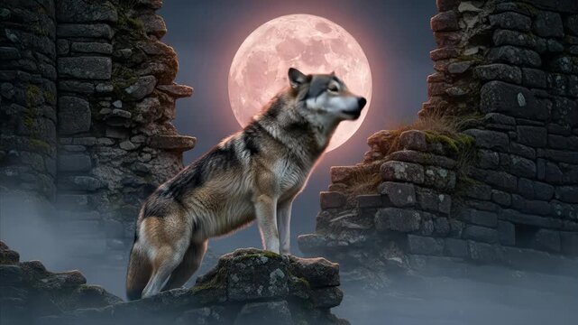 Wolf howls at large pink moon behind ancient stone ruins in misty night
