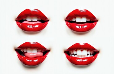 Obraz premium Four sets of woman red lips smile and stick out tongue. White teeth show in glossy mouths, isolated on white. Expresses joy, playfulness, and confidence.