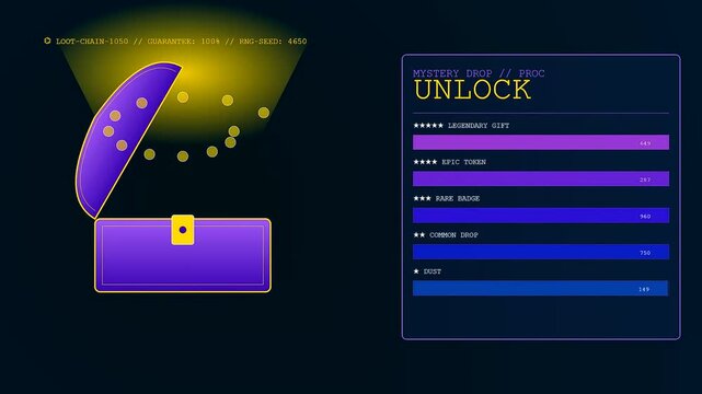 a virtual gifting interface showing a digital chest opening to reveal leveling bars and neon glowing loot rewards inside a dark computer game user menu screen