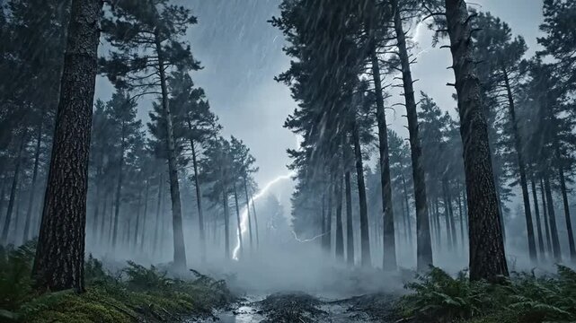 Dramatic lightning strike in misty pine forest during heavy rainstorm thunder