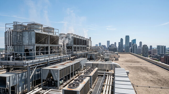 Industrial rooftop air conditioning units and cooling towers on city building. HVAC system releasing steam under hot summer sun. Urban climate control and infrastructure technology.
