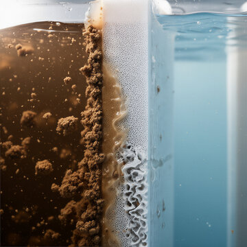 Microscopic cross section of membrane fouling in MBR, dense cake layer and biofilm accumulation on porous membrane surface causing flux decline, wastewater engineering