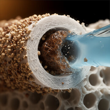Close up of single hollow fiber membrane cross section during hydraulic backwash, reverse pure water flow stripping biofouling sludge from lumen, water purification technology