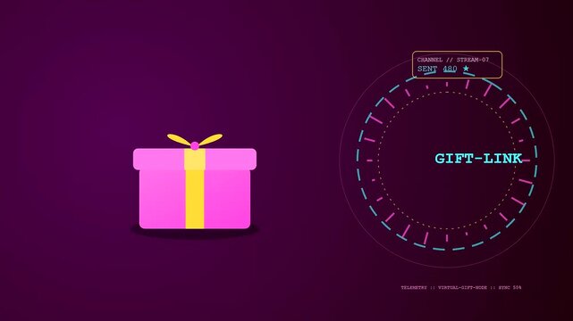 A vibrant virtual gifting interface animation showing digital package delivery tracking with circular ui elements glowing against a deep purple dark monochromatic aesthetic screen display environment