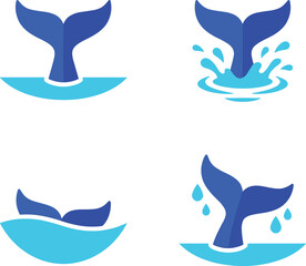 Naklejka premium Set Of Flat Vector Whale Tail Icons With Water Splashes In Shades Of Blue On A Clean White Background