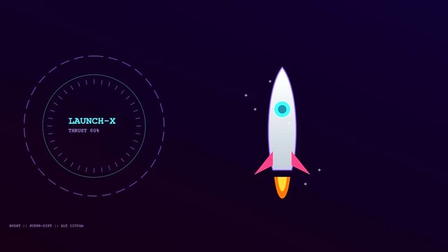 a virtual gifting interface showing a stylized space rocket launching upwards with numerical data displays on a dark purple gradient background for modern digital broadcast design