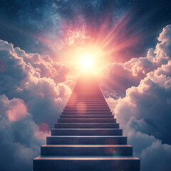 Stairway to Heaven: A Majestic Path Through Clouds into a Radiant Celestial Galaxy