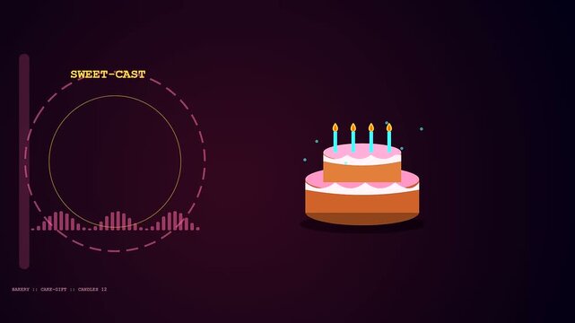 A virtual gifting interface displayed on a dark screen showcases animated birthday cakes with glowing candles as a dynamic digital element for online celebrations and interactive events