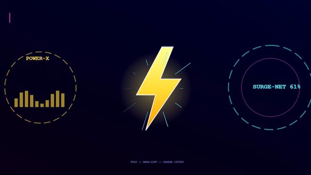 A digital virtual gifting interface displays animated yellow lightning icons and circular data indicators pulsating across a dark void to represent live energy flow cycles