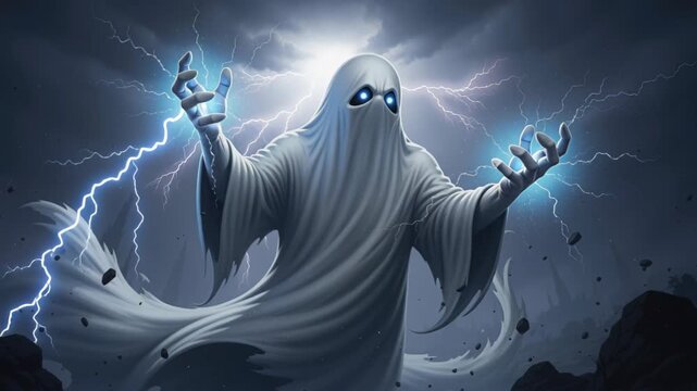 Ghostly Power Unleashed: A spectral figure draped in a tattered shroud emanates an eerie glow.