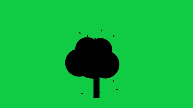 Animated tree silhouette with falling leaves on green screen chroma key background, animation nature
