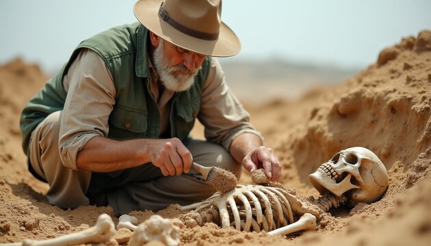 Archeologist unearths human skeleton in desert dig site. Old man brushes dirt from ancient remains, finding old bones. Discovery of past, history research, historical excavation.