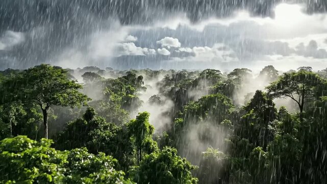Heavy tropical rainstorm over lush rainforest canopy with dramatic storm clouds and mist jungle