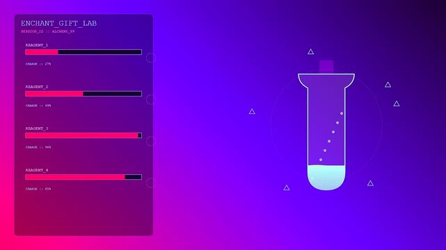 Three panels showcase a virtual gifting interface with glowing liquid vials filling up as level bars rise in a smooth rhythmic digital sequence of events