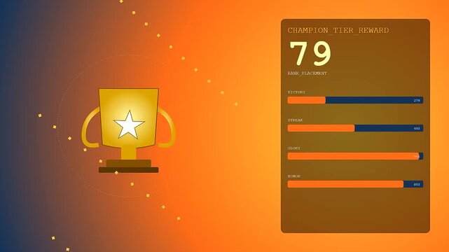 A digital virtual gifting interface shows numerical statistics and gold trophy icons on glowing orange and dark blue gradient surfaces with light particle effects moving slowly