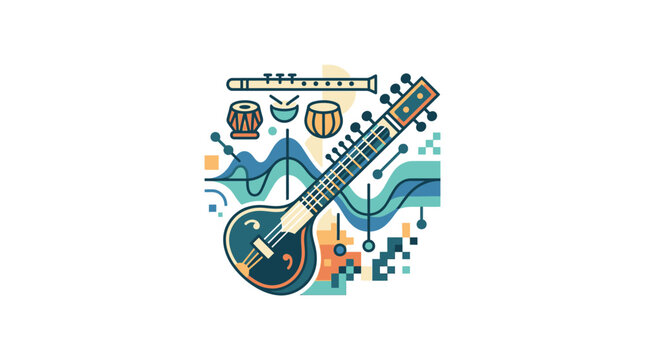 Abstract sitar illustration with musical note elements.