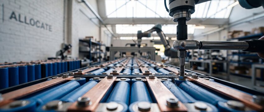 Robotic arm assembling battery pack in automated electric vehicle factory line, fastening copper busbars on blue lithium-ion cells for sustainable green energy technology storage and smart manufacturi