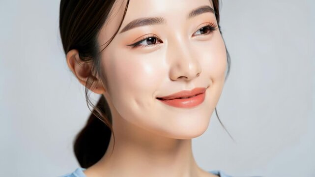 Elegant Woman's Portrait: A beautiful young woman with delicate features and a radiant smile looks off to the side, showcasing her flawless skin and natural makeup. Her ponytail frames her face.