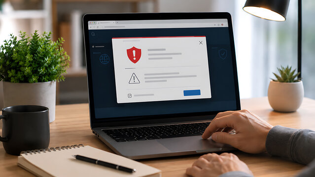 Security Alert Warning Popup on Laptop Computer Screen Showing Threat Detected Notification at Home Office