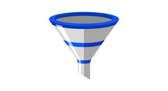 Blue and white funnel icon isolated on white background for business marketing and data processing.