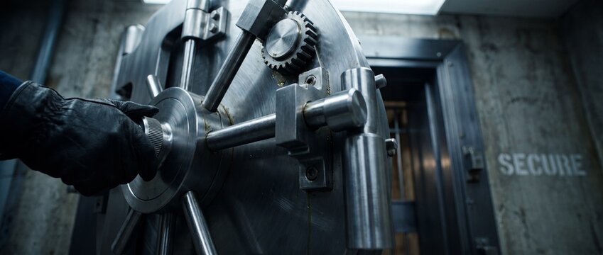Bank vault door steel lock hand opening security safe mechanism during crime heist robbery in concrete bunker facility room with dramatic cinematic suspense atmosphere and industrial texture.
