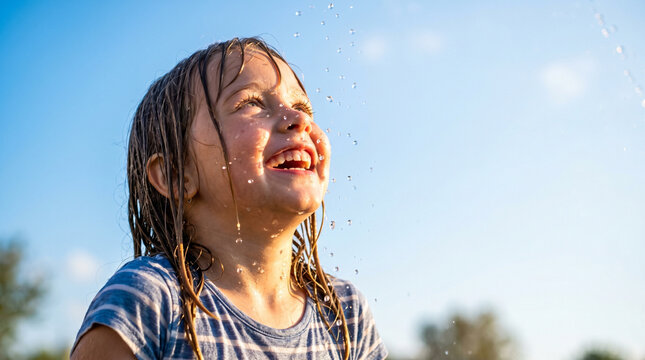 Happy girl playing with water drops in summer heat. Child enjoying outdoor activities on sunny day. Refreshment during hot weather, cooling down at park, lifestyle concept of childhood.