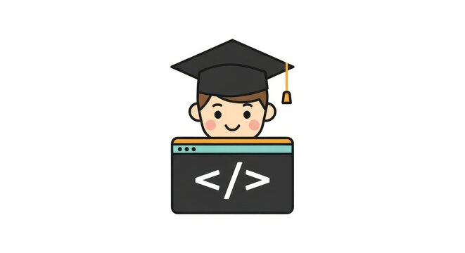 Cartoon boy graduate coding on laptop computer illustration.