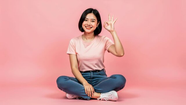 A Woman's Affirmation: A young Asian woman in casual attire sits cross-legged, offering a warm smile and an OK hand gesture, radiating positivity and contentment.