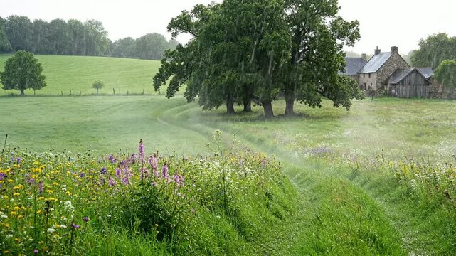 Scenic countryside landscape with wildflower meadow and old stone farmhouse during a gentle summer rain shower