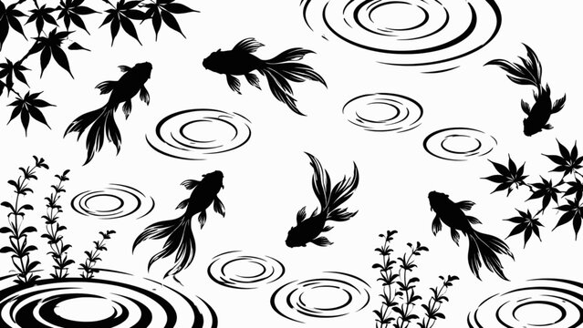 白黒の金魚と水紋を描いた和風シルエット背景