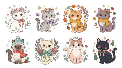 Fototapeta premium Eight cartoon cats wearing winter clothing and accessories on a white background with floral patterns and snowflakes.