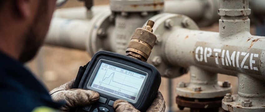 Industrial technician measuring pipe pressure with digital data logger device during pipeline system maintenance inspection for safety, gas resource optimization, and industrial utility operations.