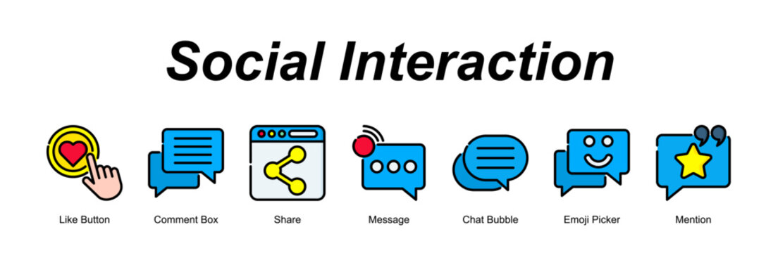 Social Interaction banner web icon vector illustration concept with an icon of Like Button, Comment Box, Share, Message, Chat Bubble, Emoji Picker, Mention  
