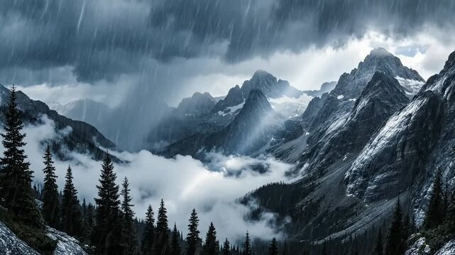 Dramatic rainstorm over alpine mountains with pine forest and low clouds landscape