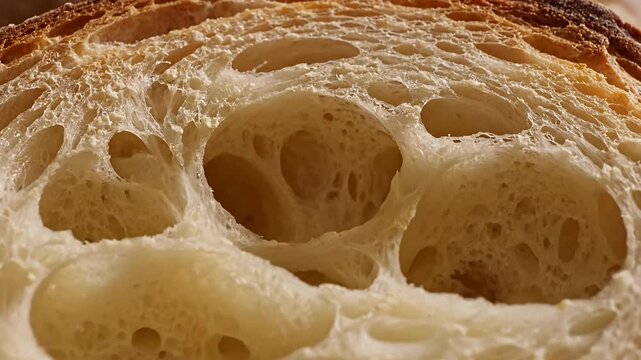 Close up of sourdough bread inner crumb texture.