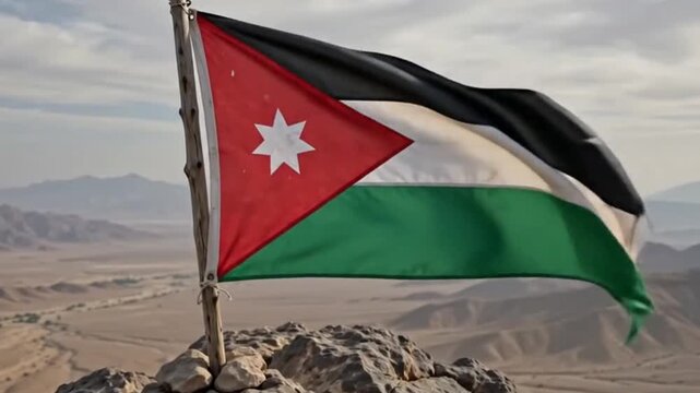 The national flag of jordan waving in the wind against a cloudy sky