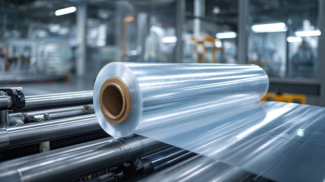 Transparent plastic film roll processing on industrial machinery for packaging and manufacturing in a modern factory setting with blurred background