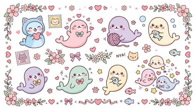 Colorful cartoon illustration of cute sea creatures and cat surrounded by flowers, hearts, and bows on white background with pastel color palette and playful mood.