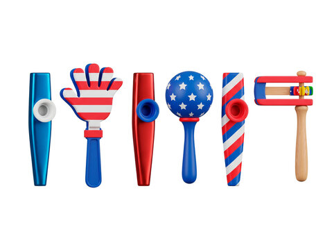 Collection of patriotic party noisemakers and kazoos in red white and blue for celebrations