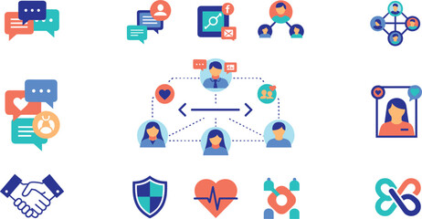 Fototapeta premium Social networking communication and community support vector icon set for digital marketing presentation layouts and mobile user interface design