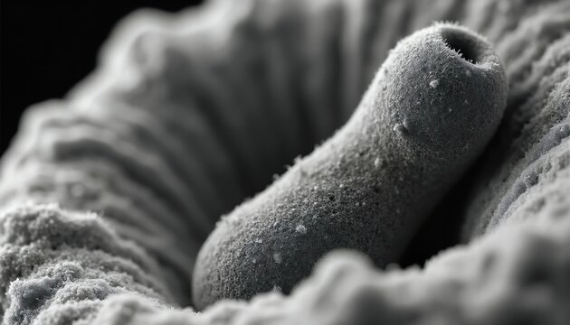 Microscopic view of colon polyp structure from intestinal wall. Research shows abnormal cell growth, medical science concept. Disease detection early, biology study focus.