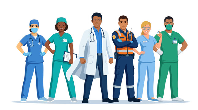Diverse Healthcare Team and First Responders Illustration: Doctors, Nurses, and Paramedics Standing Together for Medical Unity and Frontline Support