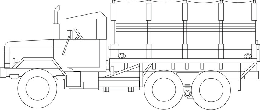 Technical CAD side elevation drawing of a heavy-duty cargo truck featuring a cab, flatbed trailer with vertical support posts, and multiple axles.
