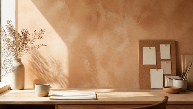 Warm terracotta creative workspace in golden light