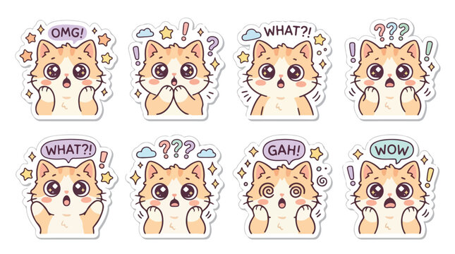 A set of eight sticker illustrations of a cartoon dog with various surprised expressions and speech bubbles on a white background.