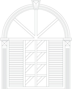 Technical architectural elevation drawing of a classical arched window or door featuring fanlight, louvered shutters, and fluted pilasters in detailed CAD line art.