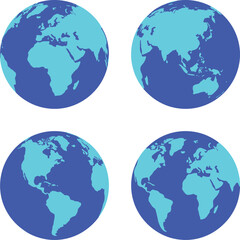 Fototapeta premium Four Blue And Light Blue Flat Vector Icons Of Earth Globes Showing Different Continents On White Background