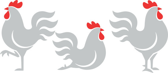 Minimalist Grey Rooster and Hen Silhouette Icon Set with Red Combs for Farm Product Packaging Country Restaurant Logos and Poultry Breeding Graphic Designs © MstJasmin