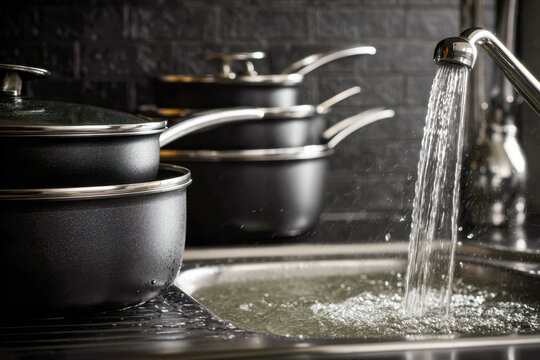 Modern kitchen scene featuring a stainless steel sink with running water and a neatly stacked set of black cooking pots and pans on a drying rack against a dark bric